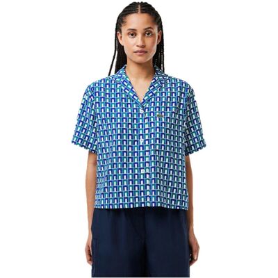 (XXL, White/Blue) Lacoste Womens/Ladies Geometric Short-Sleeved Shirt (XXL, White/Blue) Lacoste Womens/Ladies Geometric Short-Sleeved Shirt