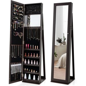 Costway Lockable Standing Jewelry Armoire with Full-Length Mirror - Coffee, Velvet Lined Costway Lockable Standing Jewelry Armoire with Full-Length Mirror - Coffee, Velvet Lined