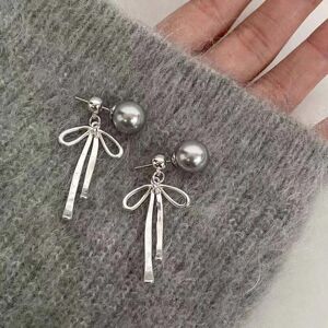 Maxpower (grey) Imitation Pearl Stud Earrings For Women Temperament Bow Tassel Dangle Ear Maxpower (grey) Imitation Pearl Stud Earrings For Women Temperament Bow Tassel Dangle Ear