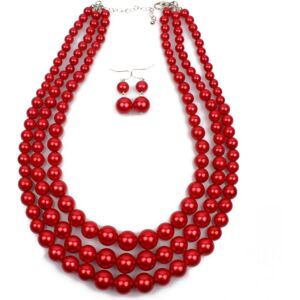 Maxpower (red) Multilayers Faux Pearl Necklace For Women Earrings Set Costume Jewelry Acc Maxpower (red) Multilayers Faux Pearl Necklace For Women Earrings Set Costume Jewelry Acc