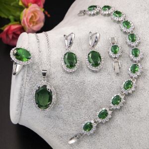 Maxpower (green, 6) Ring Earrings Necklace Bracelet 925 Silver Jewelry Set Oval Shape Zir Maxpower (green, 6) Ring Earrings Necklace Bracelet 925 Silver Jewelry Set Oval Shape Zir