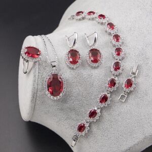 Maxpower (red, 8) Ring Earrings Necklace Bracelet 925 Silver Jewelry Set Oval Shape Zirco Maxpower (red, 8) Ring Earrings Necklace Bracelet 925 Silver Jewelry Set Oval Shape Zirco