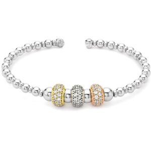 Jewelco London Rhodium Rose & Gold Silver CZ Ball Cuff Bead Bangle - Ladies - AB Jewelco London Rhodium Rose & Gold Silver CZ Ball Cuff Bead Bangle - Ladies - AB