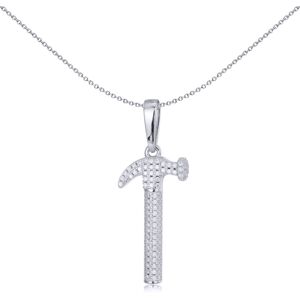Jewelco London Men's Rhodium Silver Round CZ Encrusted 3D Hammer Charm Pendant - Jewelco London Men's Rhodium Silver Round CZ Encrusted 3D Hammer Charm Pendant -