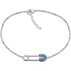 Jewelco London Rhodium Silver Round Light Blue CZ Safety Pin Charm Bracelet - AB Jewelco London Rhodium Silver Round Light Blue CZ Safety Pin Charm Bracelet - AB
