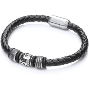 Jewelco London Mens Rhodium Plated Stainless Steel Black Leather Textured Bead C Jewelco London Mens Rhodium Plated Stainless Steel Black Leather Textured Bead C