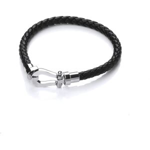 Jewelco London Mens Rhodium Plated Stainless Steel Black Leather Loop Cuff Brace Jewelco London Mens Rhodium Plated Stainless Steel Black Leather Loop Cuff Brace