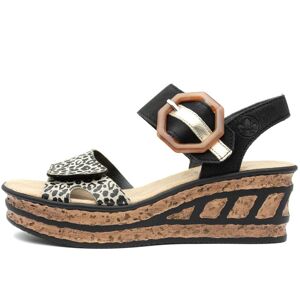 Rieker 68176-00 Black/Animal Print Womens Wedge Heel Sandals Rieker 68176-00 Black/Animal Print Womens Wedge Heel Sandals