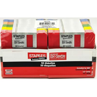 Staples 50/Pack 3.5 in. 1.44MB Multi-Colored Floppy Diskettes PC/IBM Formatted Staples 50/Pack 3.5 in. 1.44MB Multi-Colored Floppy Diskettes PC/IBM Formatted