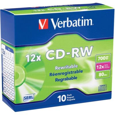 Verbatim CD-RW 80MIN 700MB 4X-12X High Speed Branded 10pk Slim Case CD-RW 700MB Verbatim CD-RW 80MIN 700MB 4X-12X High Speed Branded 10pk Slim Case CD-RW 700MB