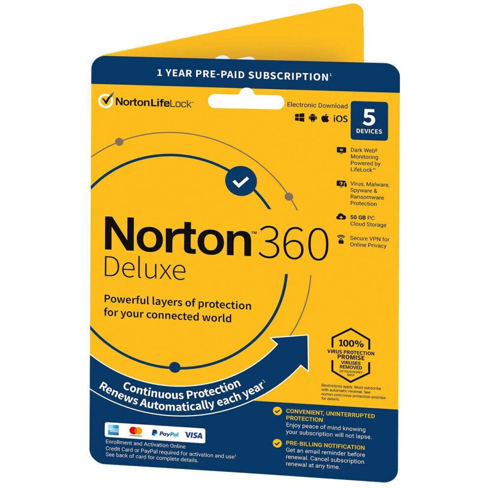Symantec Norton 360 Deluxe 2023, Antivirus software for 5 Devices and 1-year subscription