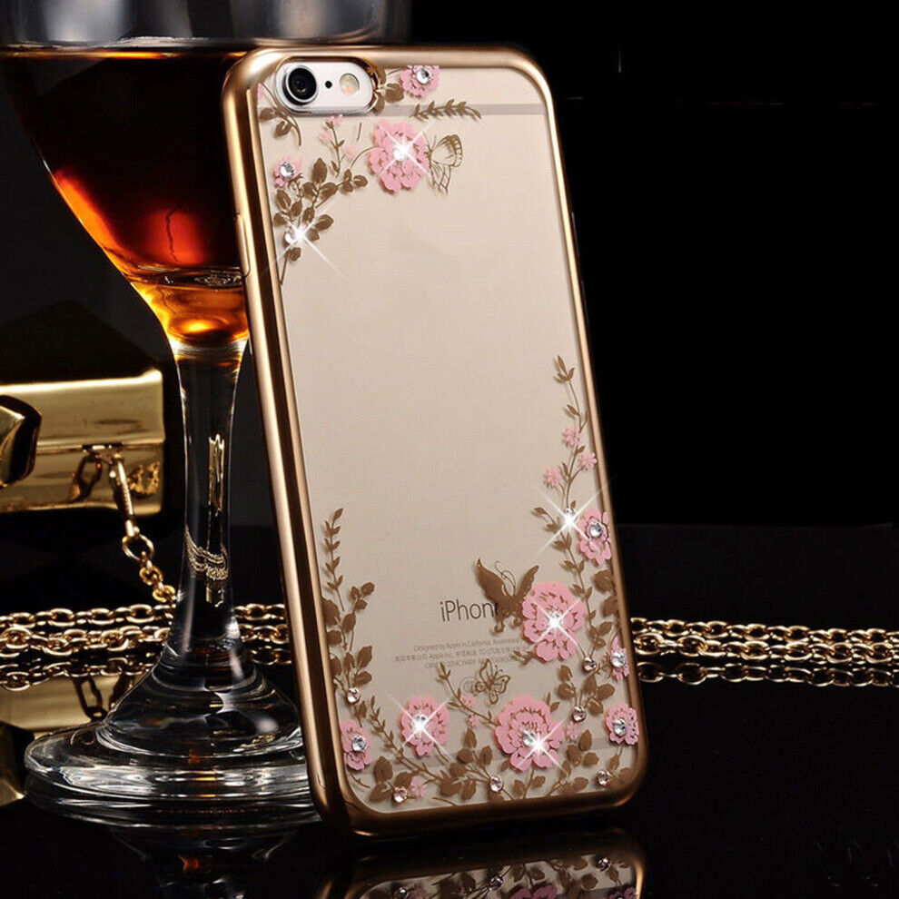 Unbranded (Apple iPhone 6s, Gold) Flower Bling Crystal Diamonds Plating Soft TPU Cover Cas