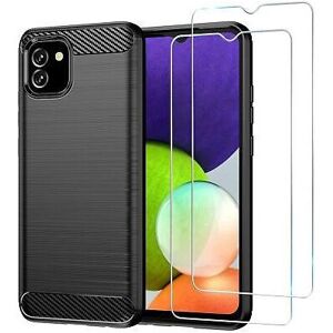 Romolux Samsung Galaxy A03 (2022) Case Slim Carbon Fibre Gel Phone Cover + Tempered Glas Romolux Samsung Galaxy A03 (2022) Case Slim Carbon Fibre Gel Phone Cover + Tempered Glas