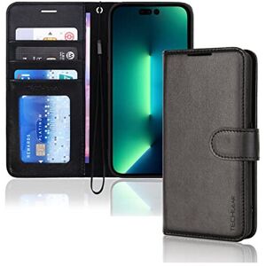 Techgear (Black) Apple iPhone 14 Pro Max Leather Wallet Case, Flip Protective Cover with Techgear (Black) Apple iPhone 14 Pro Max Leather Wallet Case, Flip Protective Cover with