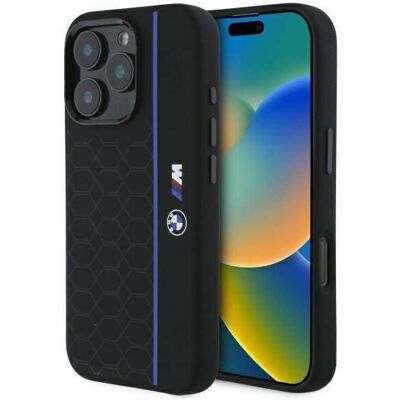 BMW iPhone 16 Pro Max Silicone Hexagon Case - Blue Line - Black BMW iPhone 16 Pro Max Silicone Hexagon Case - Blue Line - Black
