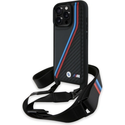 BMW iPhone 16 Pro Max Carbon Tricolor Lines & Strap Case BMW iPhone 16 Pro Max Carbon Tricolor Lines & Strap Case