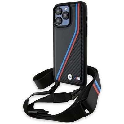 BMW iPhone 15 Pro Max Hardcase - M Edition Carbon Tricolor Lines & Strap - Phone Case BMW iPhone 15 Pro Max Hardcase - M Edition Carbon Tricolor Lines & Strap - Phone Case