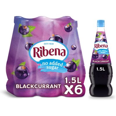 Ribena Blackcurrant Concentrate Cordial - No Added Sugar - 6 Bottles x 1.5L - Co Ribena Blackcurrant Concentrate Cordial - No Added Sugar - 6 Bottles x 1.5L - Co