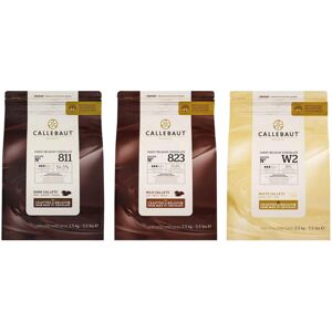 Callebaut, Dark, Milk & White chocolate chips (3 x 2.5kg Bundle) Callebaut, Dark, Milk & White chocolate chips (3 x 2.5kg Bundle)
