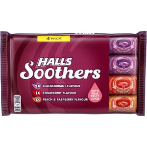 Halls Soothers Assorted 4 Pack, Includes 2 x Blackcurrant, 1 x Peach & Raspberry Halls Soothers Assorted 4 Pack, Includes 2 x Blackcurrant, 1 x Peach & Raspberry