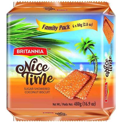 (PACK OF 1) Britannia Nice Time Coconut Biscuit Family Pack 480g , Topped with S (PACK OF 1) Britannia Nice Time Coconut Biscuit Family Pack 480g , Topped with S