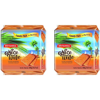 (PACK OF 2) Britannia Nice Time Coconut Biscuit Family Pack 480g , Topped with S (PACK OF 2) Britannia Nice Time Coconut Biscuit Family Pack 480g , Topped with S
