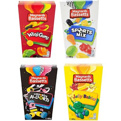 Maynards Bassetts Sweet Selection 4 Boxes Liquorice Allsorts, Jelly Babies, Wine Maynards Bassetts Sweet Selection 4 Boxes Liquorice Allsorts, Jelly Babies, Wine