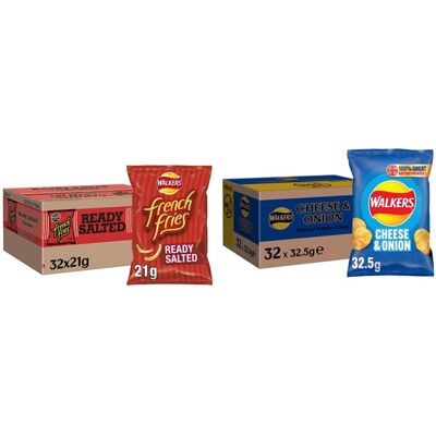 Walkers French Fries Ready Salted Snacks, 21g (Case of 32) & Cheese and Onion Cr Walkers French Fries Ready Salted Snacks, 21g (Case of 32) & Cheese and Onion Cr