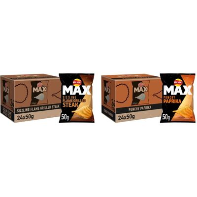 Walkers Max Flame Grilled Steak Crisps, 50 g, Pack of 24 & Max Paprika Crisps, 5 Walkers Max Flame Grilled Steak Crisps, 50 g, Pack of 24 & Max Paprika Crisps, 5