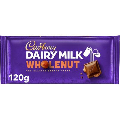 Cadbury Dairy Milk Whole Nut Bar, Whole Hazelnuts Covered in Creamy Cadbury Dairy Milk Whole Nut Bar, Whole Hazelnuts Covered in Creamy