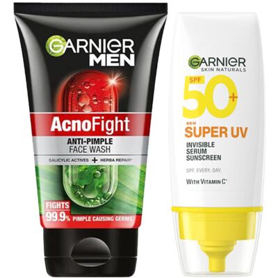 Garnier Men Acno Fight Anti Pimple Face Wash 100G + Super Uv Invisible Serum Sun Garnier Men Acno Fight Anti Pimple Face Wash 100G + Super Uv Invisible Serum Sun