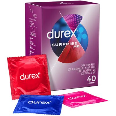 Durex Surprise Me Variety Pack, 40 Condoms, Thin feel, Extra Safe, Pleasure Me, Durex Surprise Me Variety Pack, 40 Condoms, Thin feel, Extra Safe, Pleasure Me,