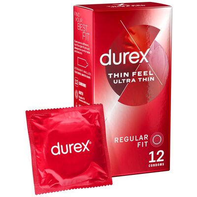 Durex Thin Feel Ultra Thin, 12 Condoms, Regular Fit, Teat Ended, Smooth Shape, W Durex Thin Feel Ultra Thin, 12 Condoms, Regular Fit, Teat Ended, Smooth Shape, W