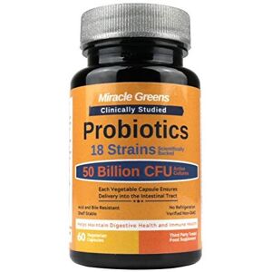 Miracle Greens Powerful 50 Billion CFU Probiotics Bio Cultures - 18 Strains, Stomach Acid Resis Miracle Greens Powerful 50 Billion CFU Probiotics Bio Cultures - 18 Strains, Stomach Acid Resis