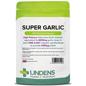 LINDENS Super Garlic Odourless Capsules 365 Pack High Strength 6000mg 4200mcg Allicin Co LINDENS Super Garlic Odourless Capsules 365 Pack High Strength 6000mg 4200mcg Allicin Co