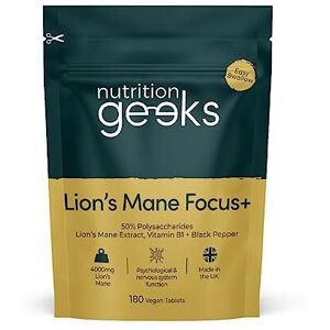 Nutrition Geeks Lions Mane Supplement 4000mg with Vitamin B1 & Black Pepper, 180 Vegan Tablets - Nutrition Geeks Lions Mane Supplement 4000mg with Vitamin B1 & Black Pepper, 180 Vegan Tablets -