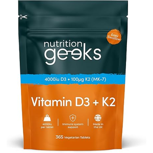 Nutrition Geeks Vitamin D3 4000 iu & Vitamin K2 MK7 100μg - 1 Year Supply, 365 Easy-Swallow Vita Nutrition Geeks Vitamin D3 4000 iu & Vitamin K2 MK7 100μg - 1 Year Supply, 365 Easy-Swallow Vita