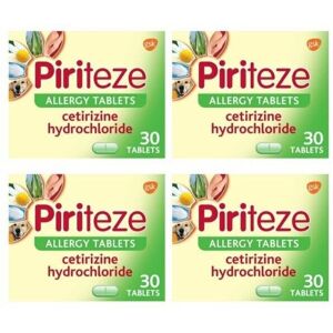 4x Piriteze Cetirizine Hydrochloride Hayfever Skin Dust Allergy Relief 30 Tablet 4x Piriteze Cetirizine Hydrochloride Hayfever Skin Dust Allergy Relief 30 Tablet