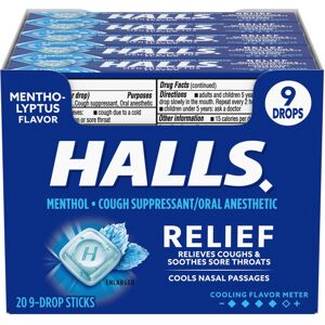 HALLS Relief Mentho-Lyptus Cough Drops 20 Packs of 9 Drops (180 Total Drops) HALLS Relief Mentho-Lyptus Cough Drops 20 Packs of 9 Drops (180 Total Drops)