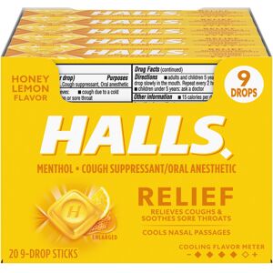 HALLS Relief Honey Lemon Cough Drops 20 Packs of 9 Drops (180 Total Drops) HALLS Relief Honey Lemon Cough Drops 20 Packs of 9 Drops (180 Total Drops)