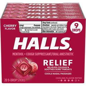 Halls Halls Cherry Cough Drops - with Menthol - 180 Drops (20 sticks of 9 drops) Halls Halls Cherry Cough Drops - with Menthol - 180 Drops (20 sticks of 9 drops)