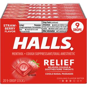 HALLS Relief Strawberry Cough Drops 20 Sticks of 9 Drops (180 Total Drops) HALLS Relief Strawberry Cough Drops 20 Sticks of 9 Drops (180 Total Drops)