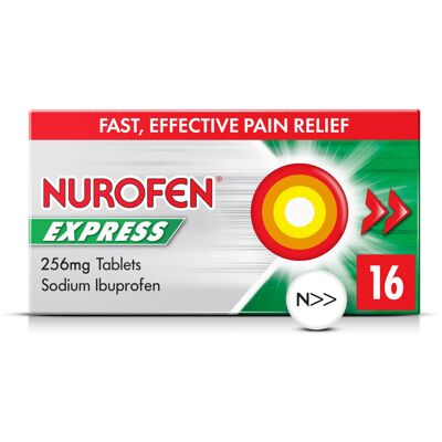 Nurofen Express Ibuprofen 256mg, 16 Tablets - Pain, Sinus, Migraine, Headache, T Nurofen Express Ibuprofen 256mg, 16 Tablets - Pain, Sinus, Migraine, Headache, T
