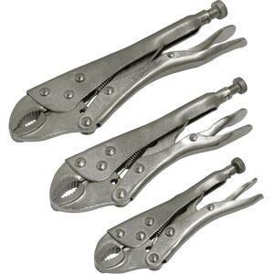 Loops 3 Piece Curved Locking Pliers Set - 125mm 175mm & 215mm - Drop Forged Steel Jaws Loops 3 Piece Curved Locking Pliers Set - 125mm 175mm & 215mm - Drop Forged Steel Jaws