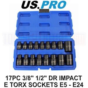 US PRO Tools 17pc 3/8" & 1/2" dr Impact E-Torx Socket Set E5 to E24 3420 US PRO Tools 17pc 3/8" & 1/2" dr Impact E-Torx Socket Set E5 to E24 3420