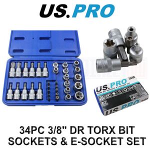US PRO Tools 34pc Torx Bit & E-Socket Set 3/8" Dr T10 - T60 E4 - E20 Tamper Proo US PRO Tools 34pc Torx Bit & E-Socket Set 3/8" Dr T10 - T60 E4 - E20 Tamper Proo