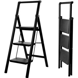 Unbranded Heavy Duty 3 Step Folding Ladder with Handrail Black Unbranded Heavy Duty 3 Step Folding Ladder with Handrail Black