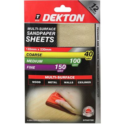 Dekton 12PC SANDPAPER 4 X COARSE - 4 X MEDIUM - 4 X FINE - 140MM X 230MM Dekton 12PC SANDPAPER 4 X COARSE - 4 X MEDIUM - 4 X FINE - 140MM X 230MM