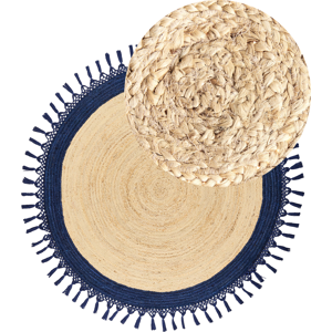 Beliani - Round Boho Jute Rug 140cm - Natural & Dark Blue Beliani - Round Boho Jute Rug 140cm - Natural & Dark Blue
