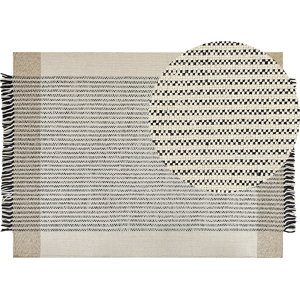 Beliani Rug Beige and Black Wool Cotton 160 x 230 cm Hand Woven Flat Weave with Tassels - Rug Beliani Rug Beige and Black Wool Cotton 160 x 230 cm Hand Woven Flat Weave with Tassels - Rug